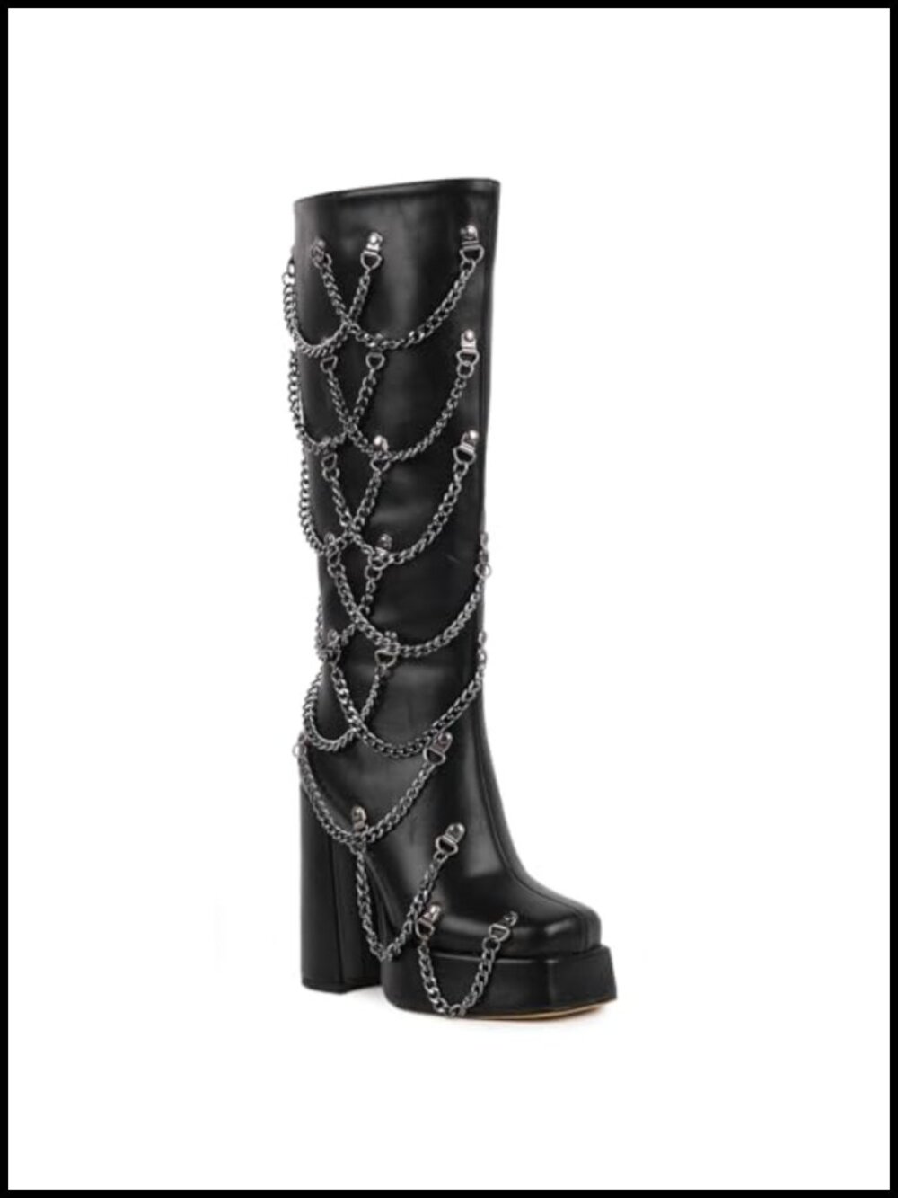 Women's Gothic Platform Knee High Boots Studded Chain Chunky Heel Square Toe